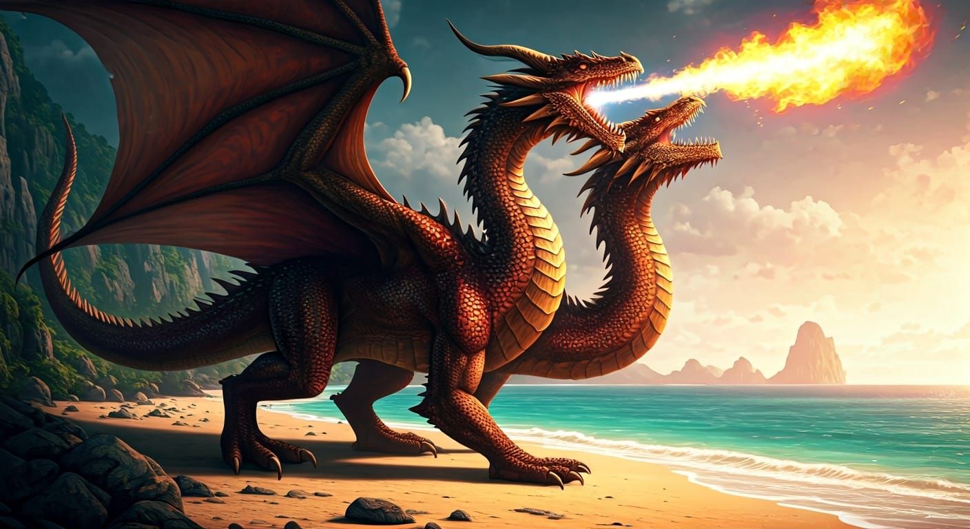 Two-Headed Dragon Unleashes Fury on Sun-Kissed Beach