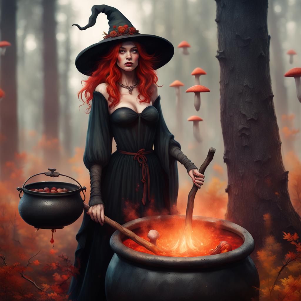 Forest Witch Casting Spells in Watercolor Style