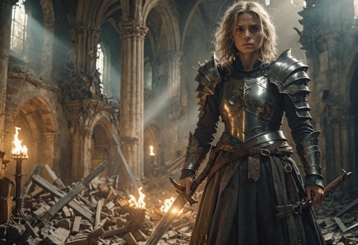 Heroic Knight in Destroyed Church, Cinematic Style