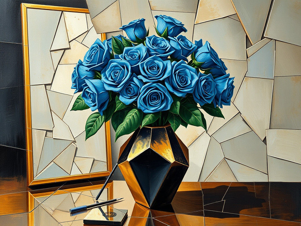 Shattered Cubist Still Life with Blue Roses