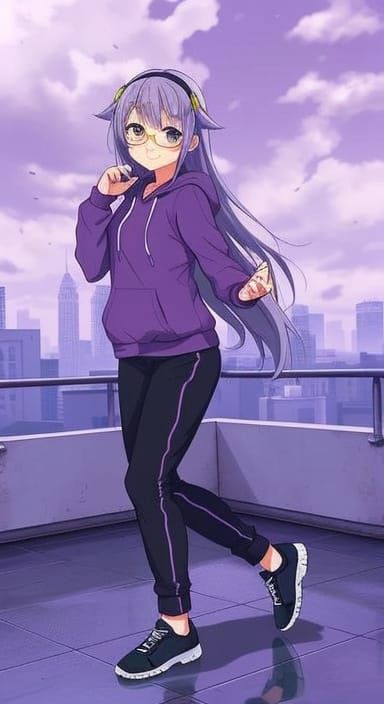 Anime Cowgirl Dancing on Rooftop in Purple Cityscape