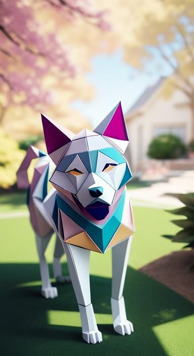Geometric Papercraft Dog Chewing Bone in Yard