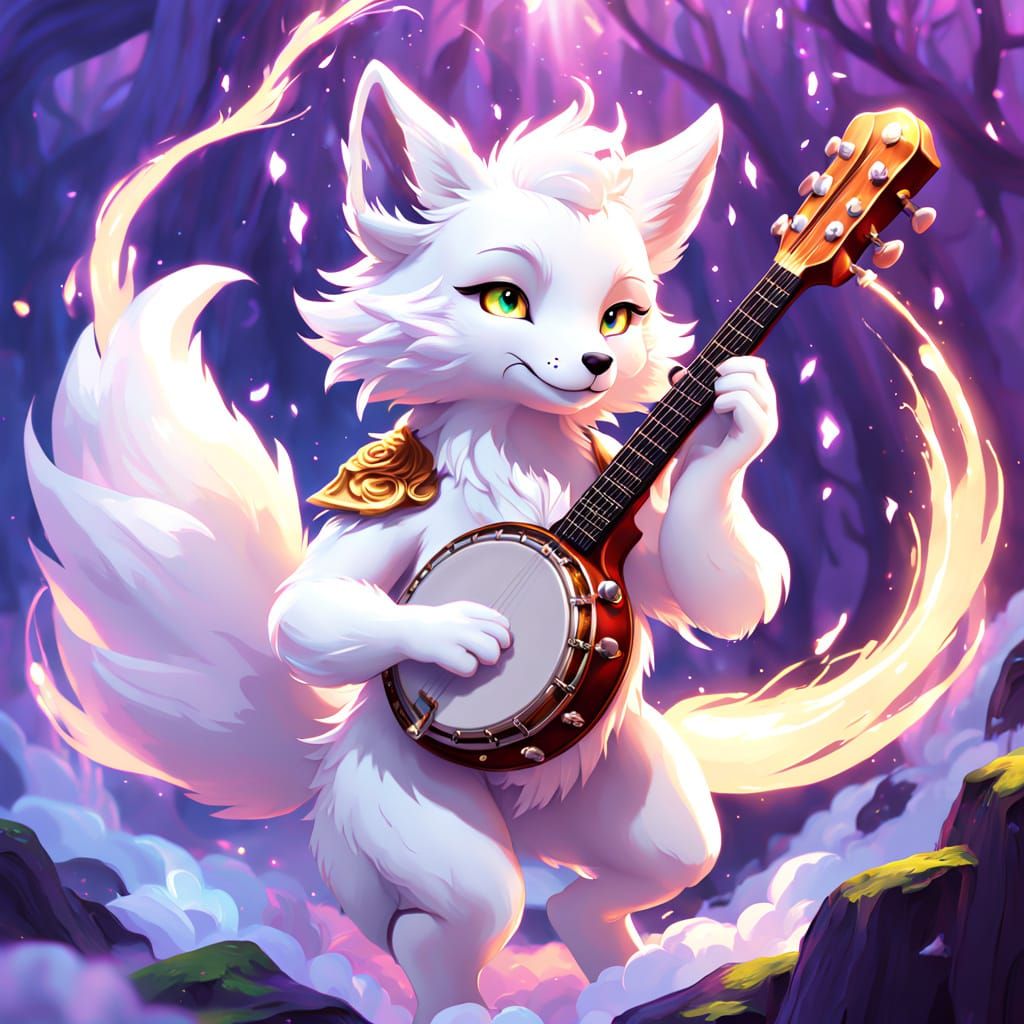 Whimsical Fantasy Concept Art of a Fluffy White Fox with Ban...