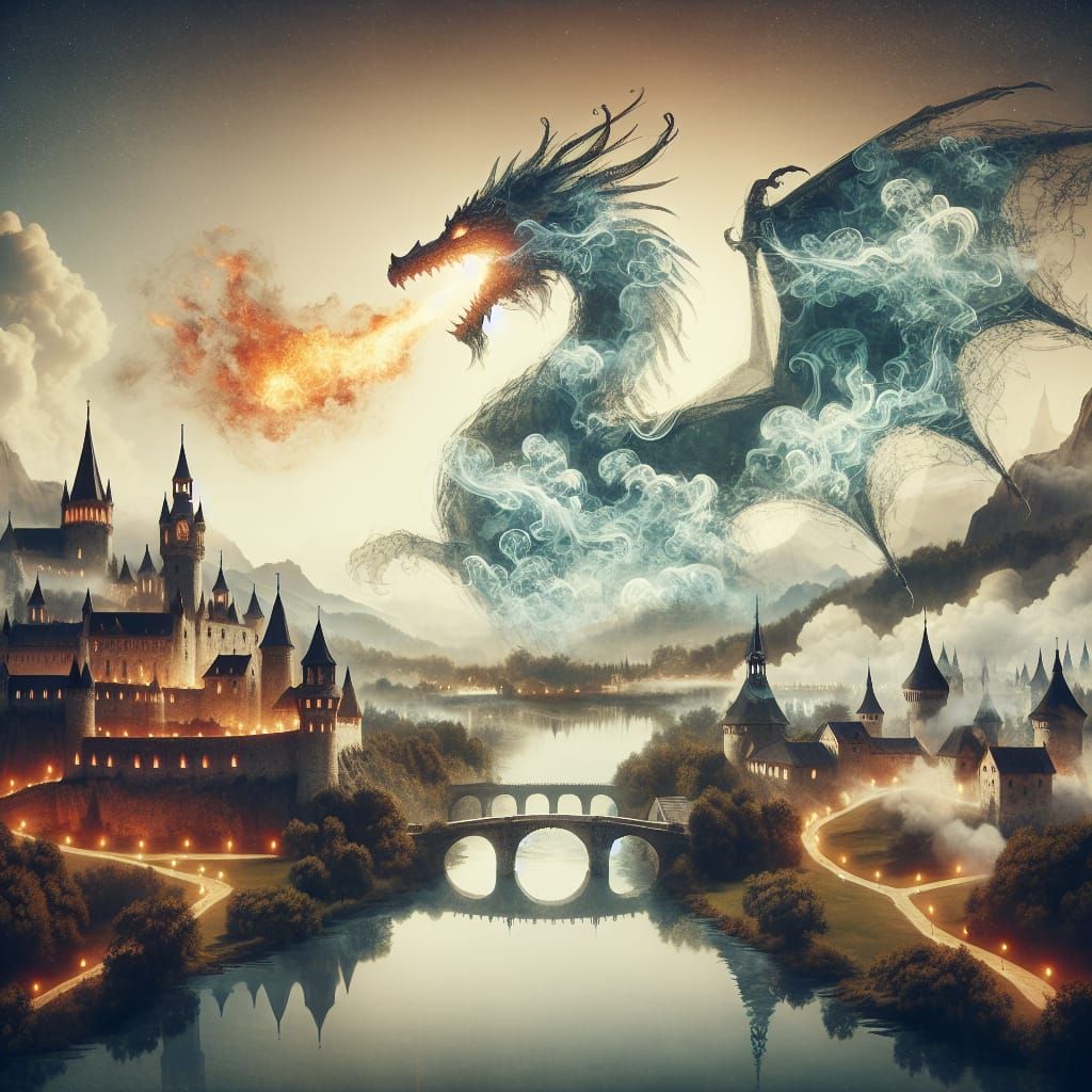 Ethereal Dragon Lights Fantasy Castle: Romantic Landscape