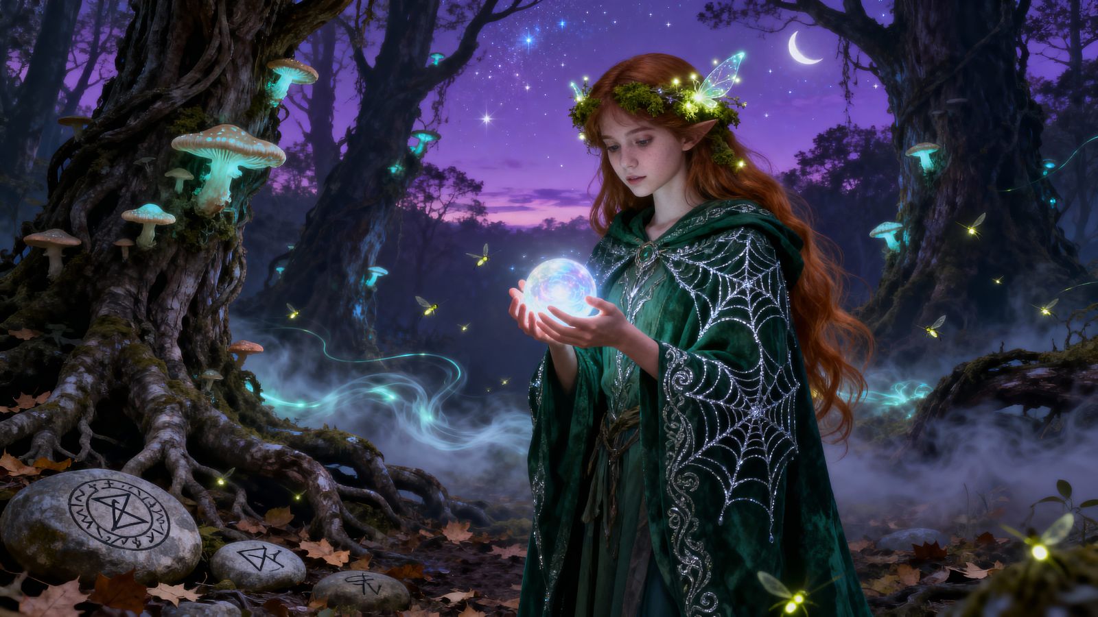 Mystical Forest Witch with Glowing Orb at Twilight
