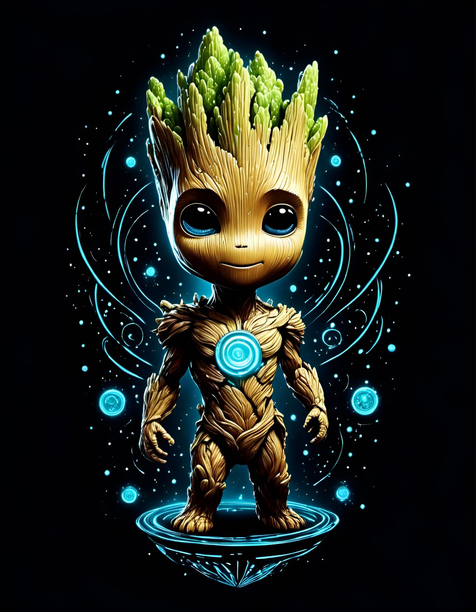 Bioluminescent Chibi Baby Groot with Starry Elements