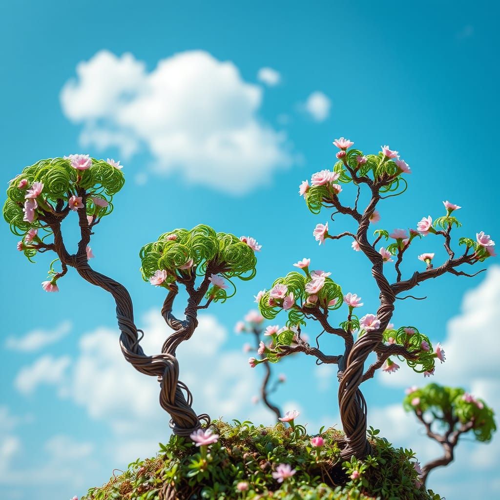 Surreal Wire Trees with Pink Blossoms in Whimsical Style