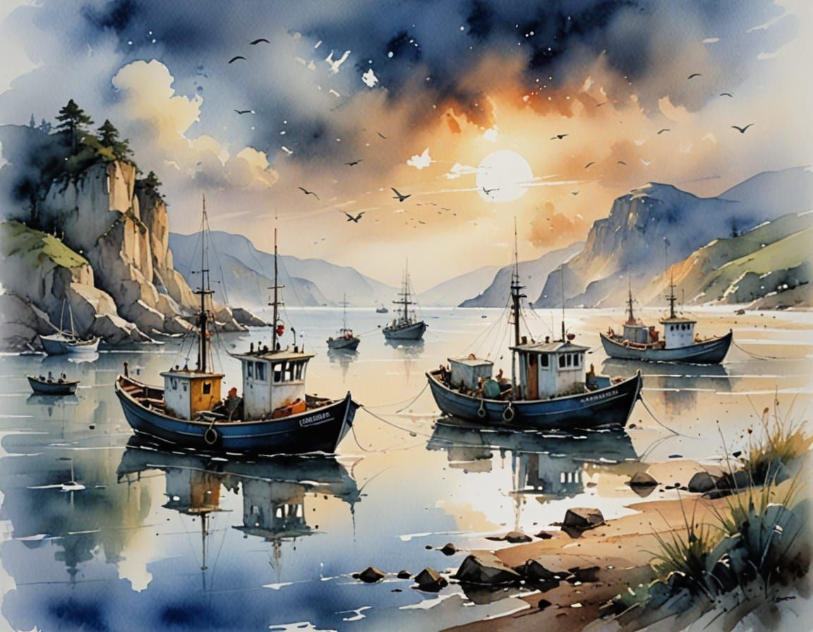 Watercolor Seascape with Fishing Boats in Fairytale Style