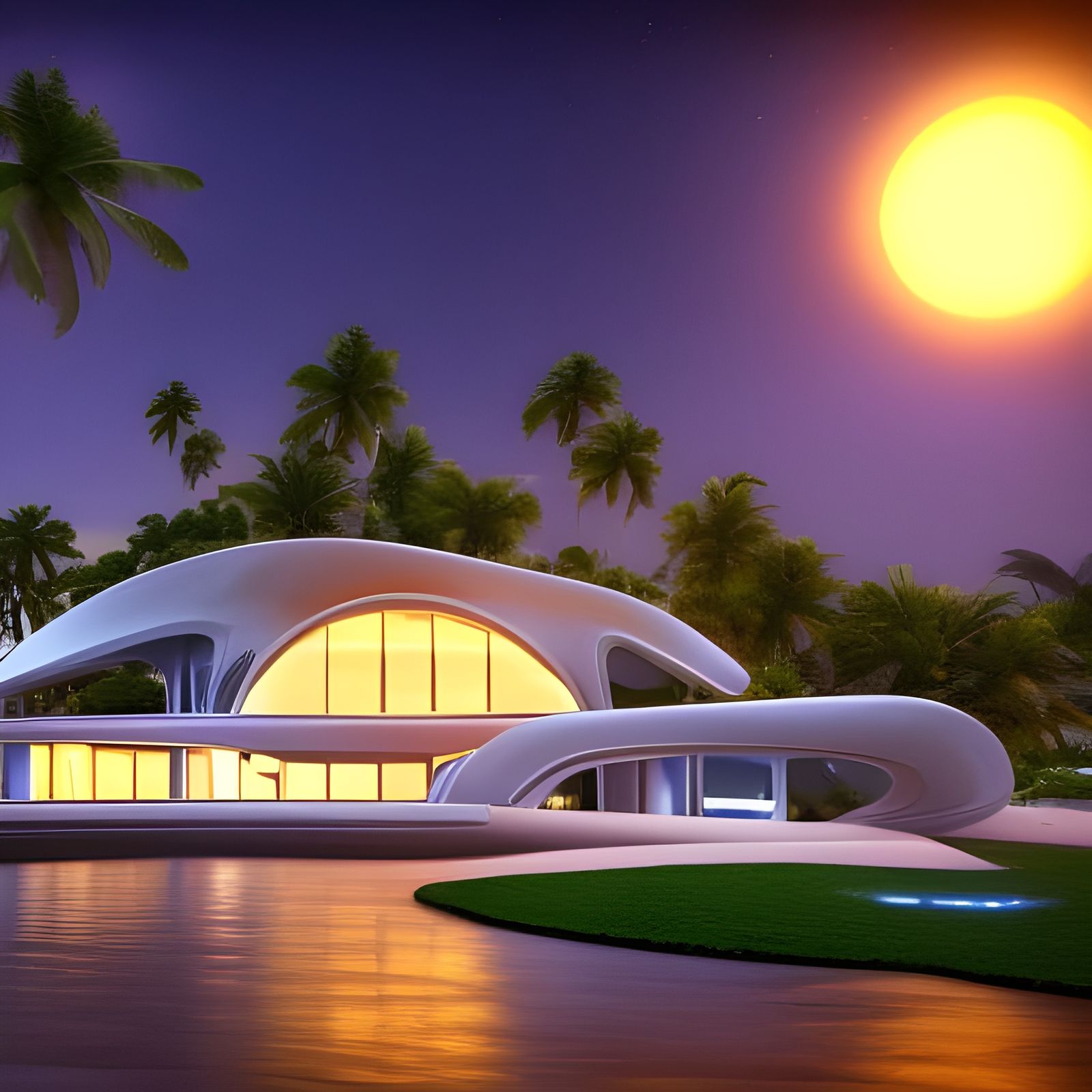 Futuristic Beach House under Starry Sky: 8K Digital Art