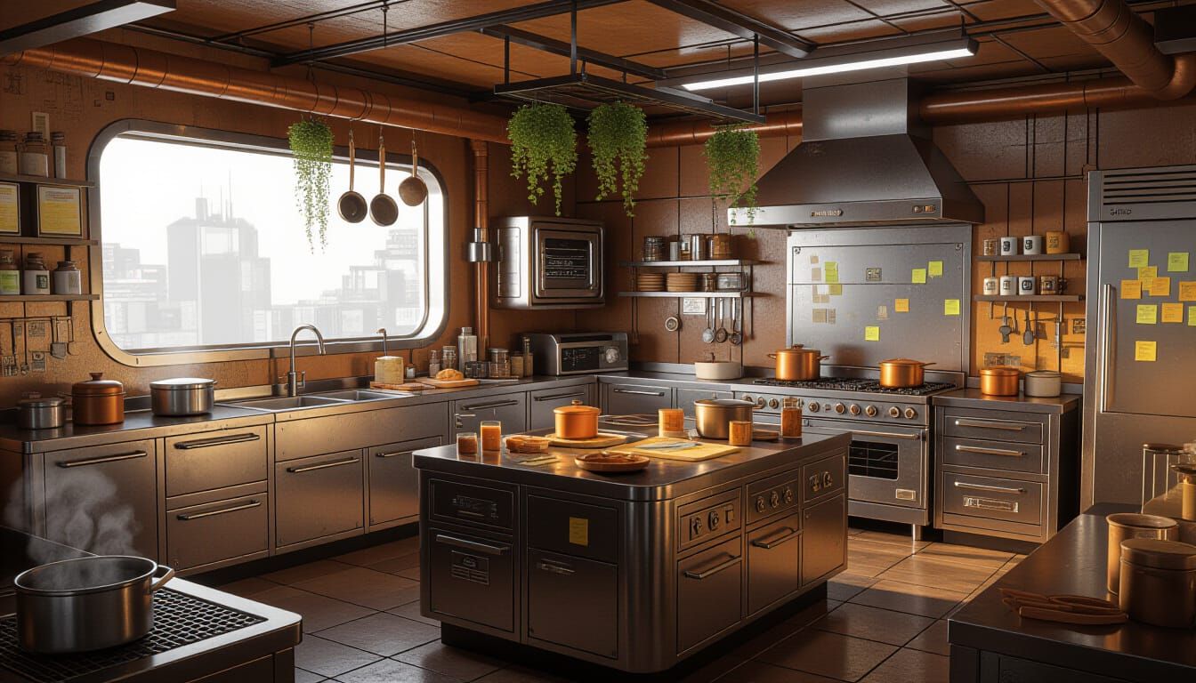 Futuristic Cyberpunk Kitchen with Enchanted Elements