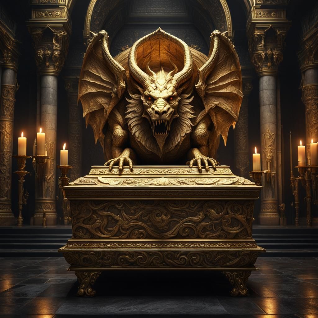 Dragon Tomb with Golden Sarcophagus in Dark Fantasy Style