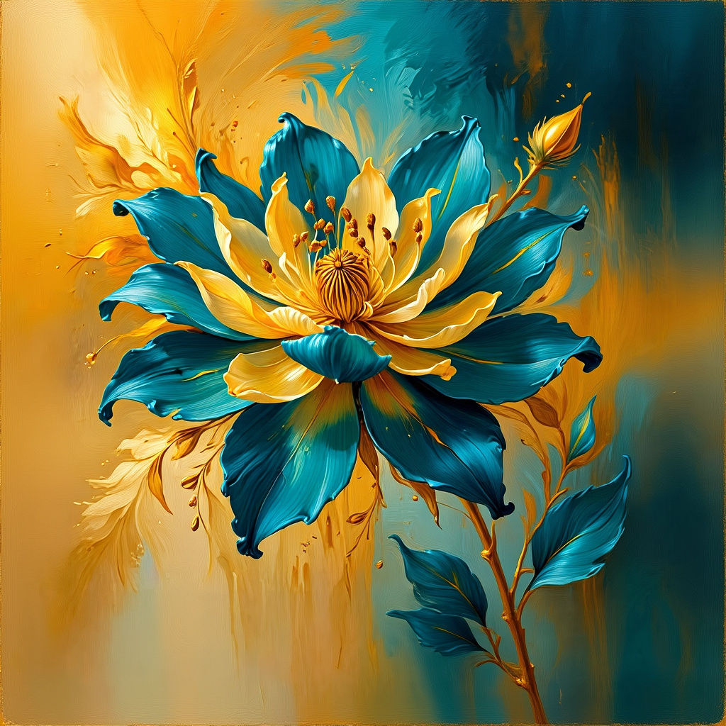 Teal and Gold Flower Oil Painting on Canvas