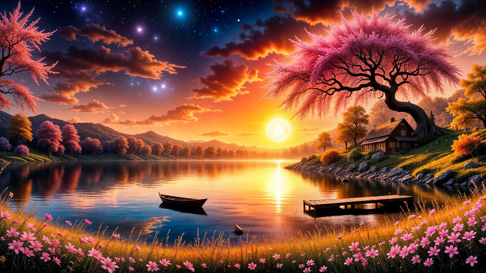 Sunset Fantasy Landscape with Blossoms and Cabin