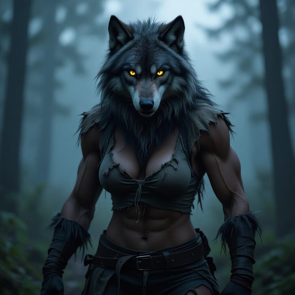 Female Werewolf in Misty Forest, Wildlife Photography