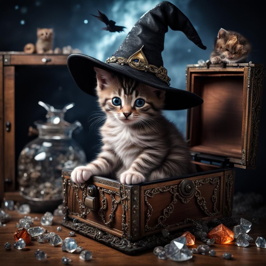 Kitten in Witch Hat with Treasure, Hyperrealistic