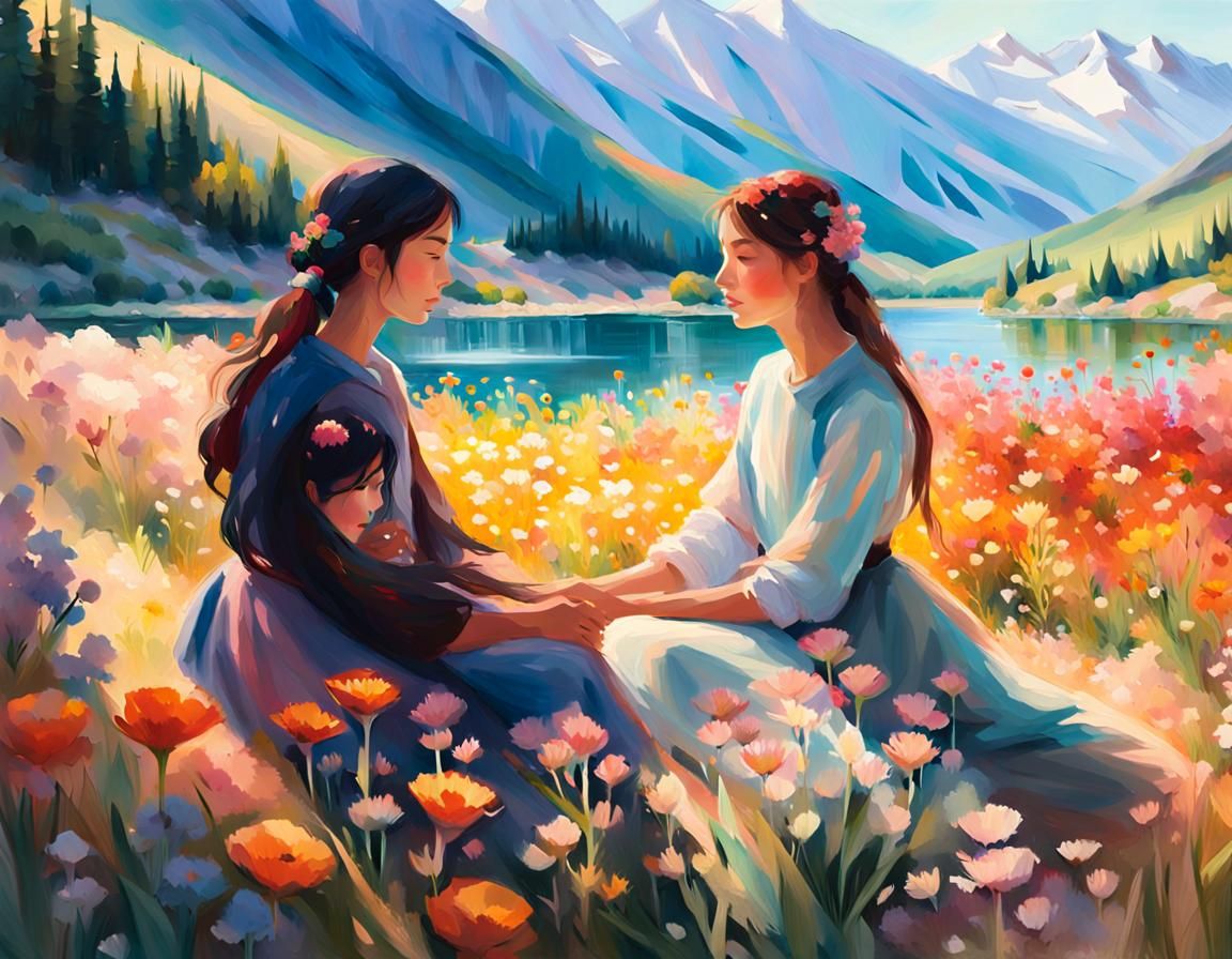 Impressionist Women in Mountain Landscape