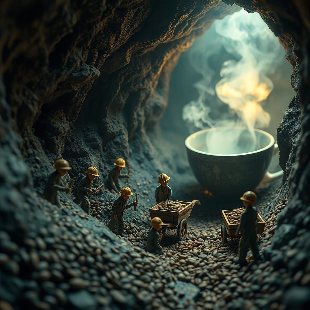 Surreal Industrial Dreamscape of Miniature Coffee Bean Miner...