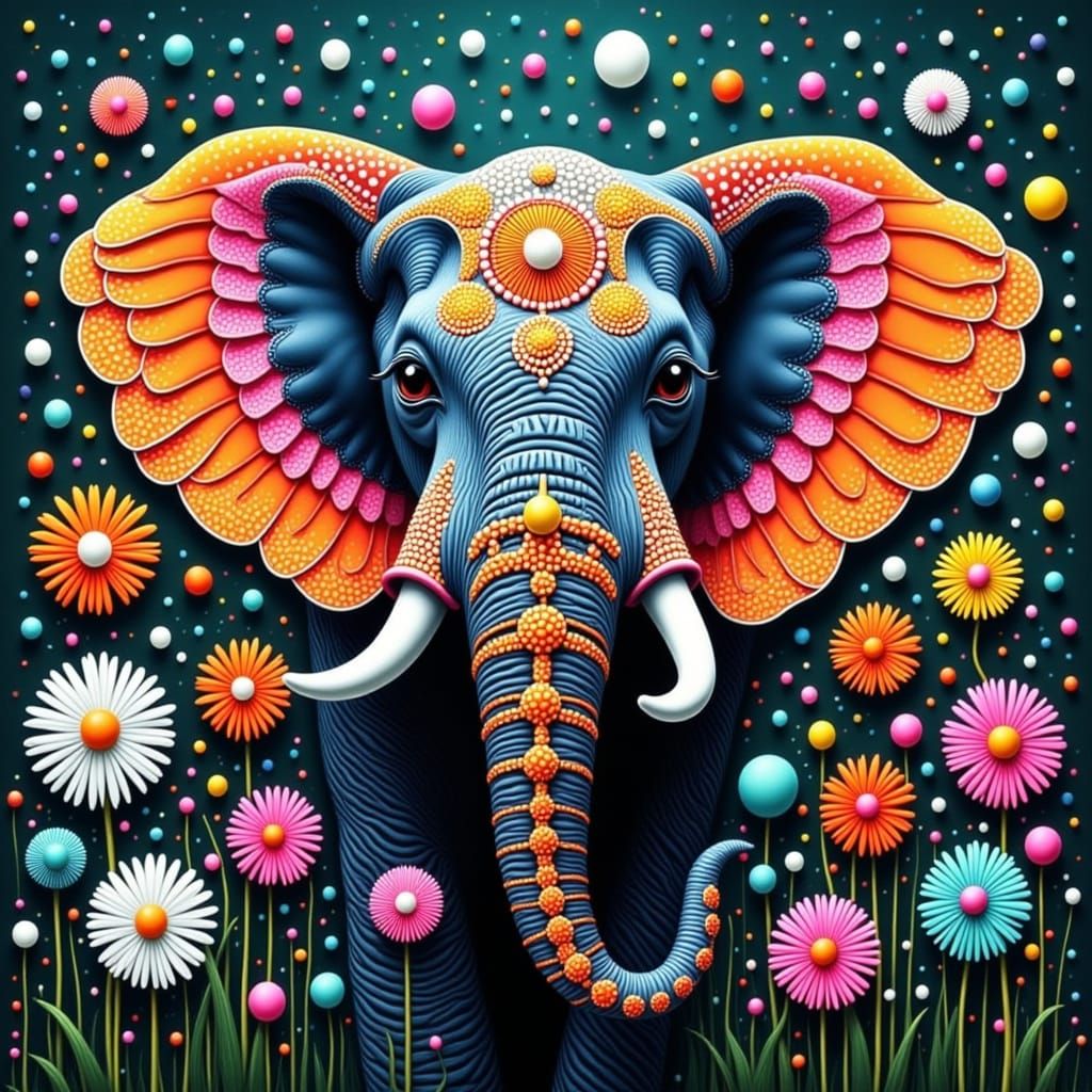 Psychedelic Elephant Head with Dotwork Patterns