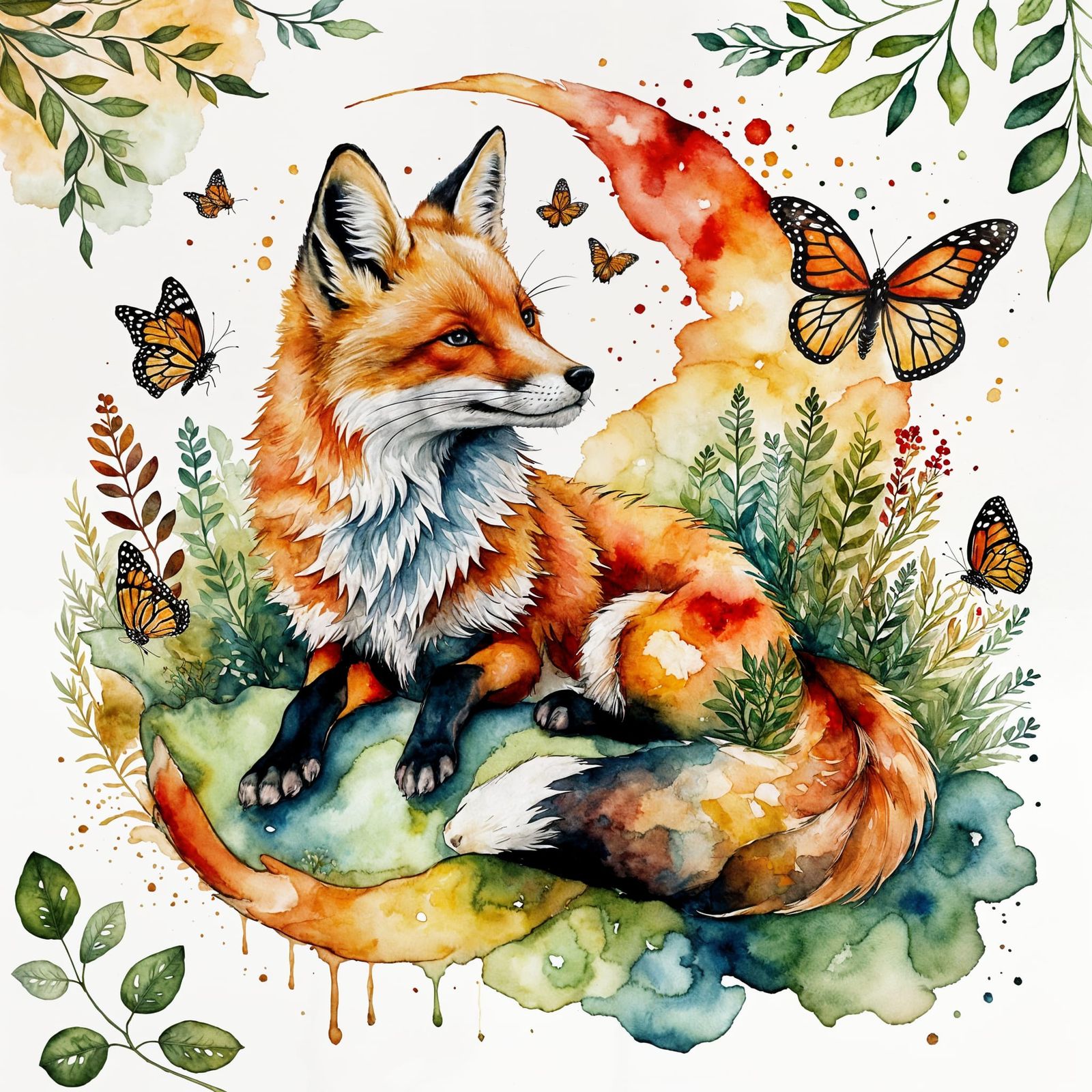 Fox and Monarch Butterfly in Whimsical Watercolor Art