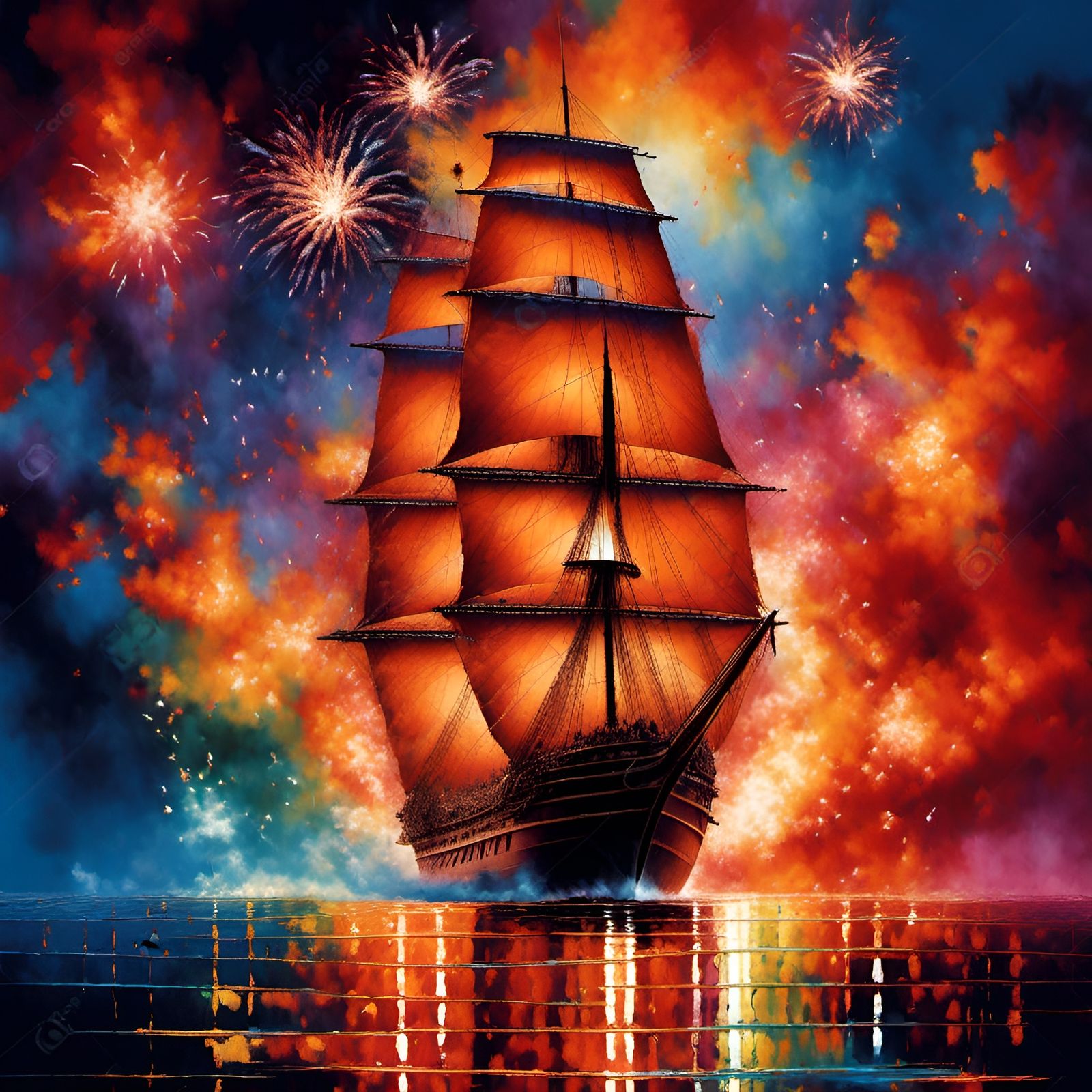 Fireworks Landscape with Sailship on Sea of Flames