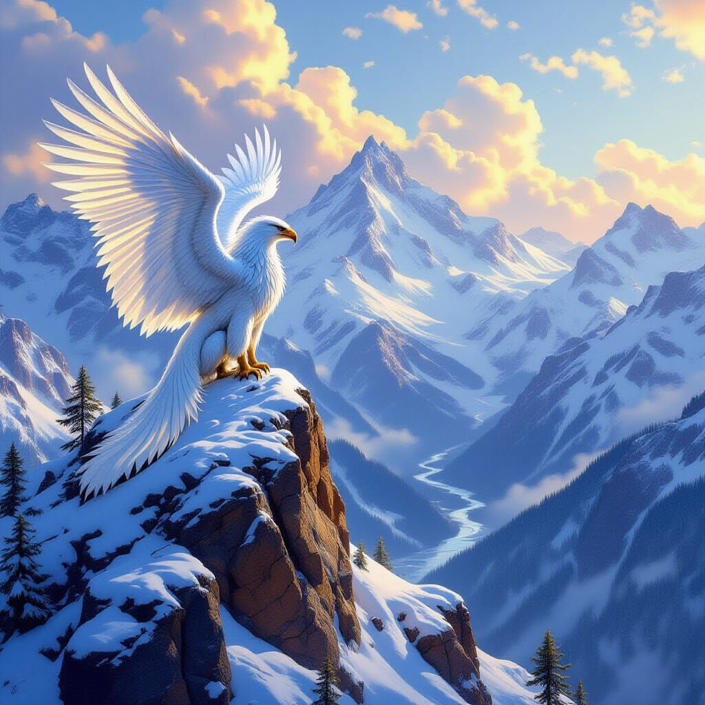 Griffin Surveys Mountain Domain in Hyperrealistic Style