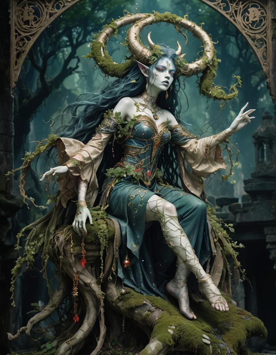 Magical Demon Dancer in Abandoned City, Watercolor Art