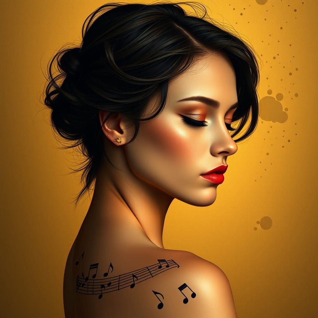 Surrealist Portrait of a Young Woman with Musical Body Art i...