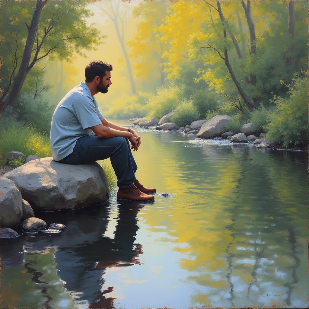 Man Reflecting by Stream: Impressionist Oil Painting
