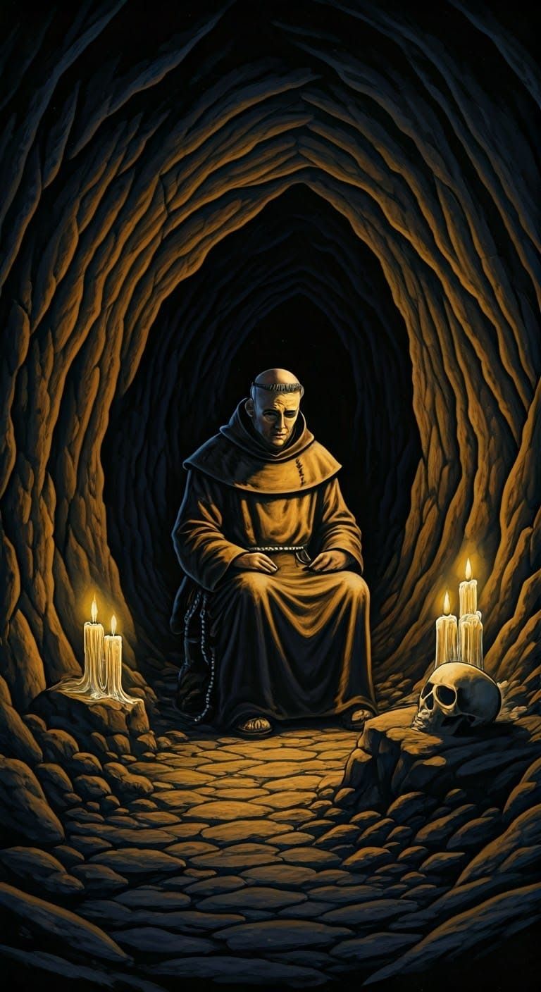 Monk Meditating in Cave: 1970s D&D Dark Fantasy Art