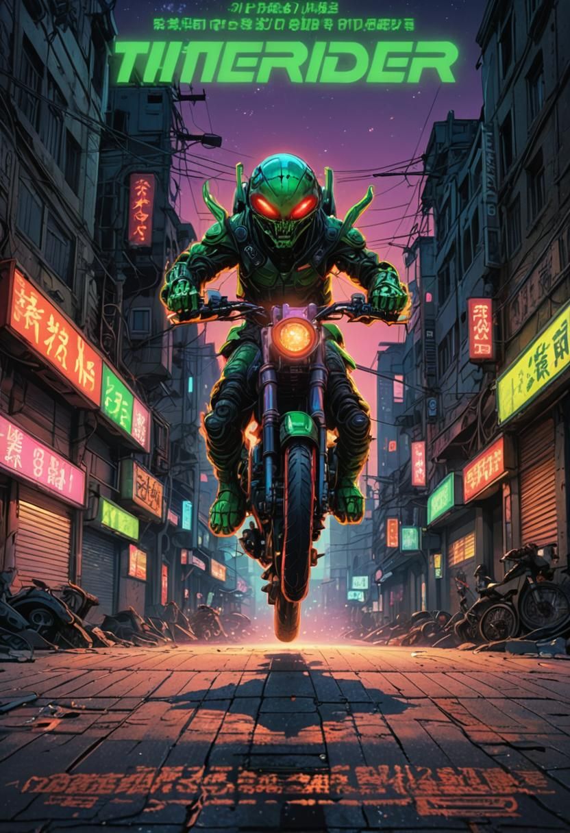 Scary humanoid alien on a motorbike -- Masterpiece, Best Quality, flat, Manga Scan, Anime, cinematic lighting, drawn Art...