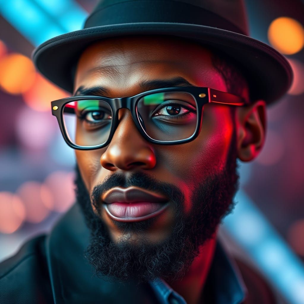 Black Man in Fedora, Futuristic Portrait Photography