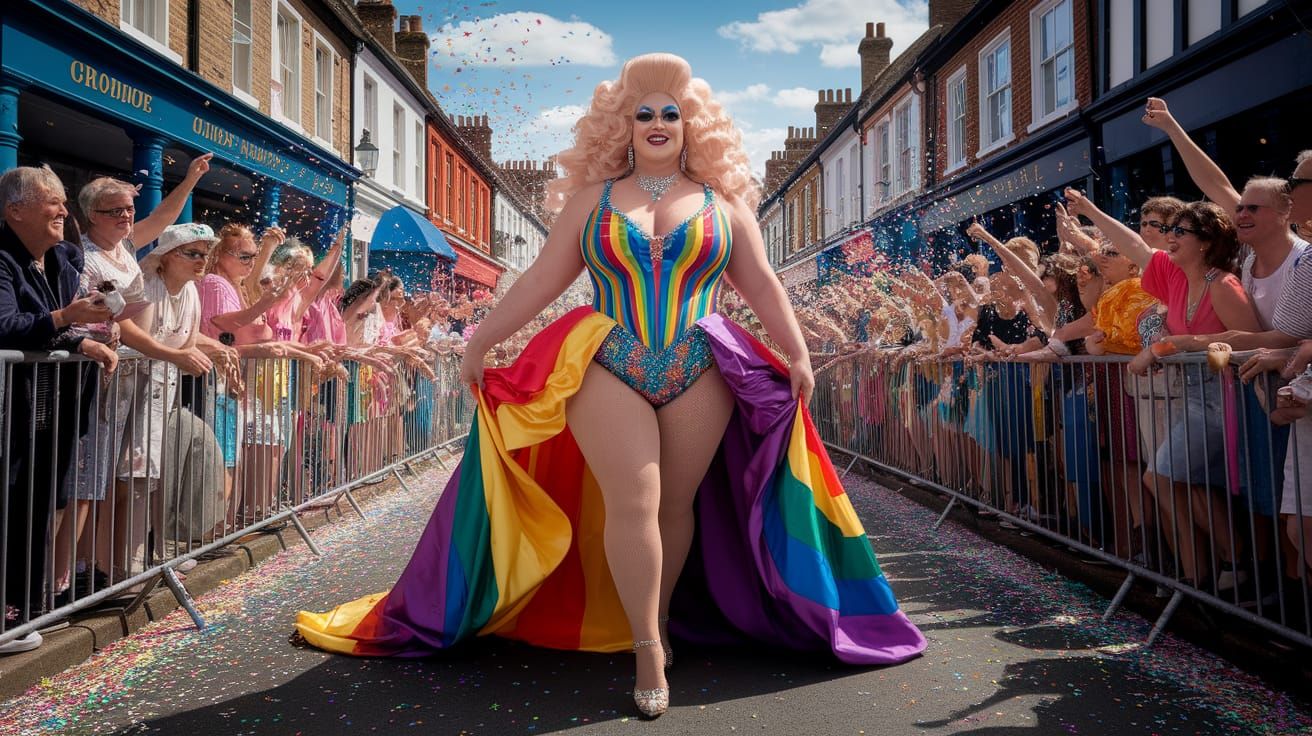 A plus-size drag queen named Shimmering Satin, adorned in a vibrant, rainbow-colored gown made of silky satin chiffon ta...