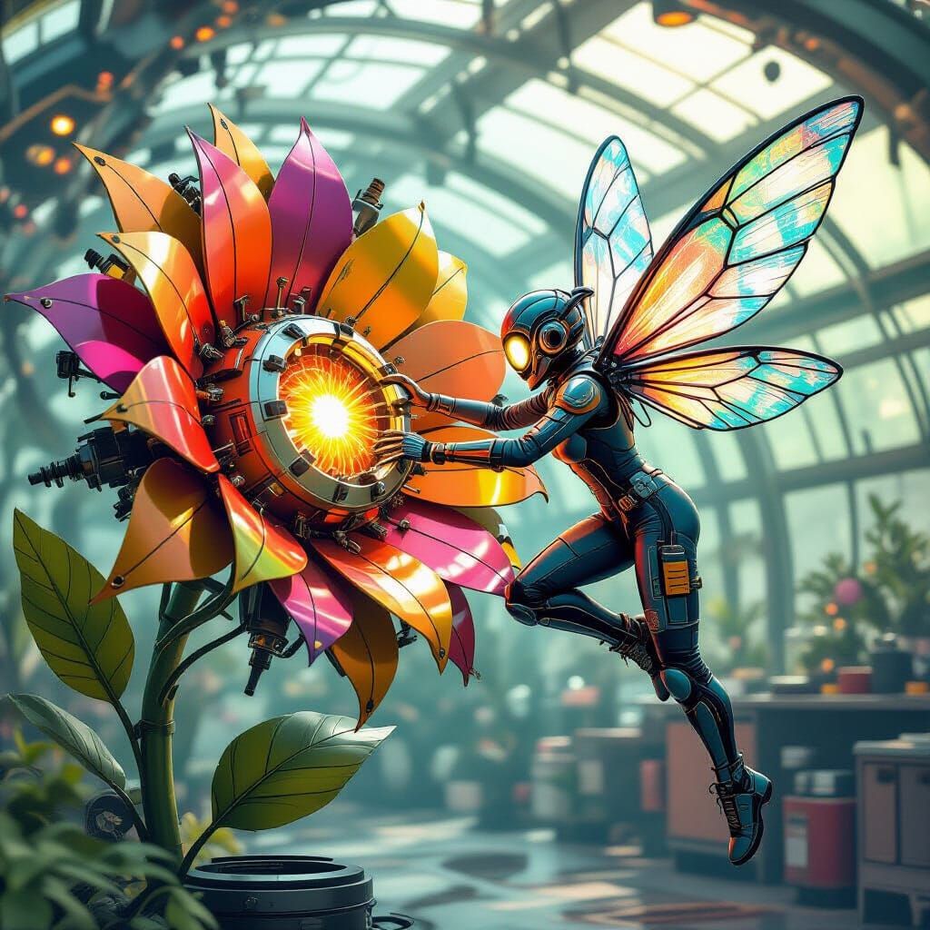 Mechanic Fairy Repairs Robotic Flower in Futuristic Greenhou...
