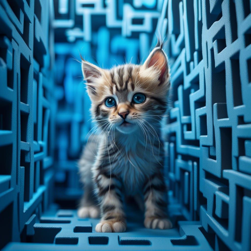 Blue Kitten Trapped in a Colorful Maze
