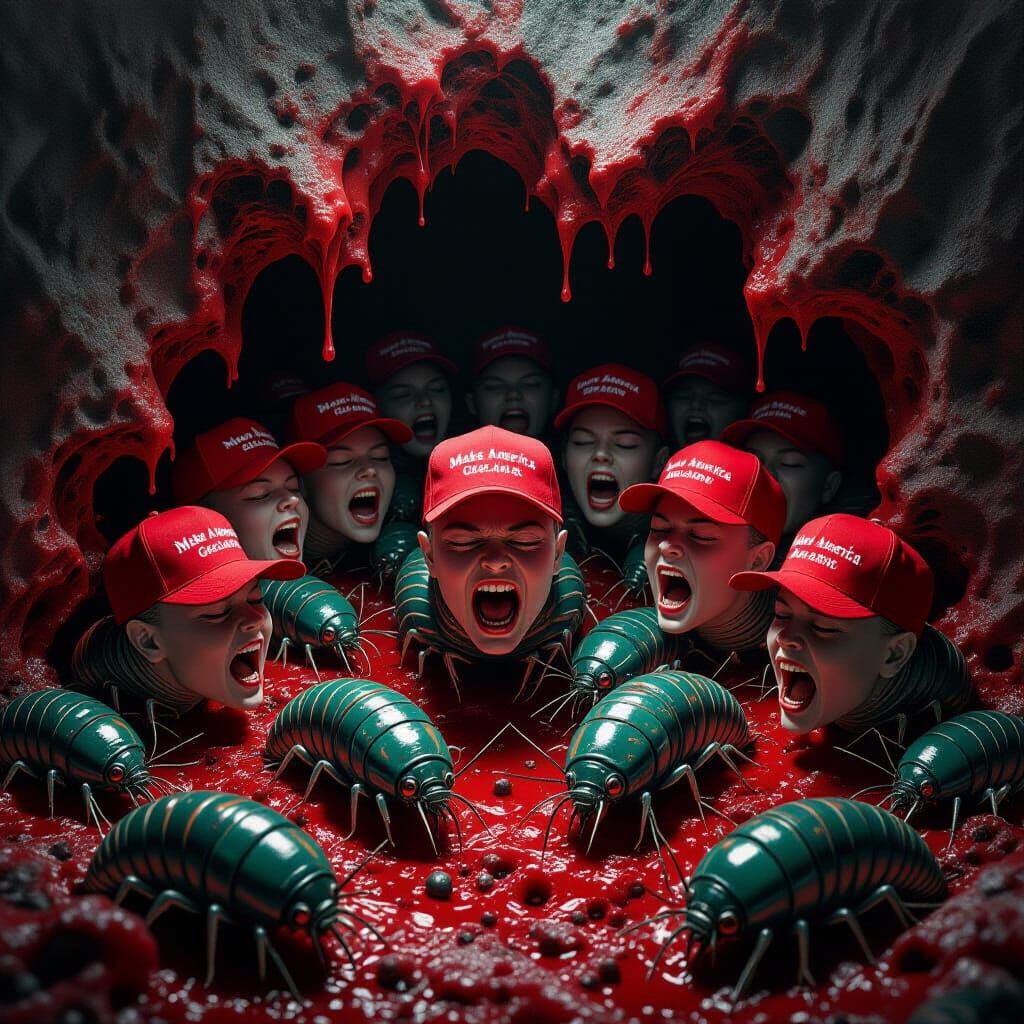 Surreal Maggots in Red Hats Emerge from Red Void