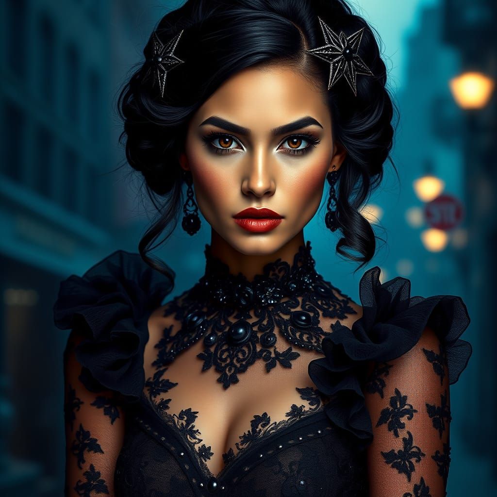 Elegant Panamanian Lady in Victorian Noir Attire