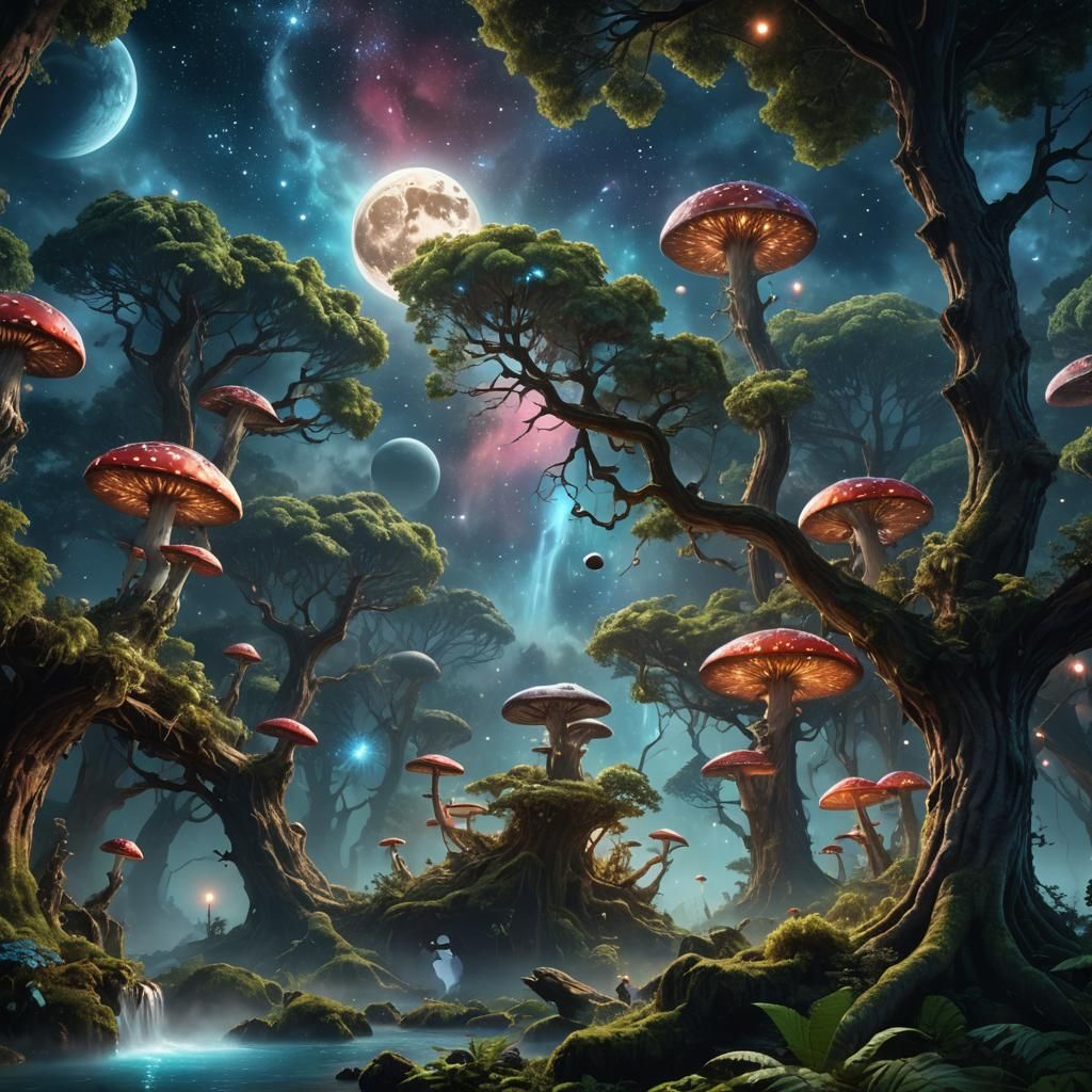 Lush Forest Moon Floating Above Nebula