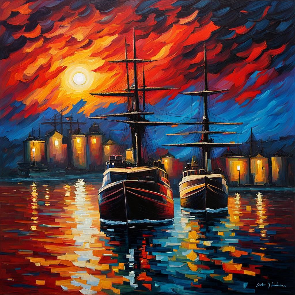 Ships Passing: Expressionist Oil Painting