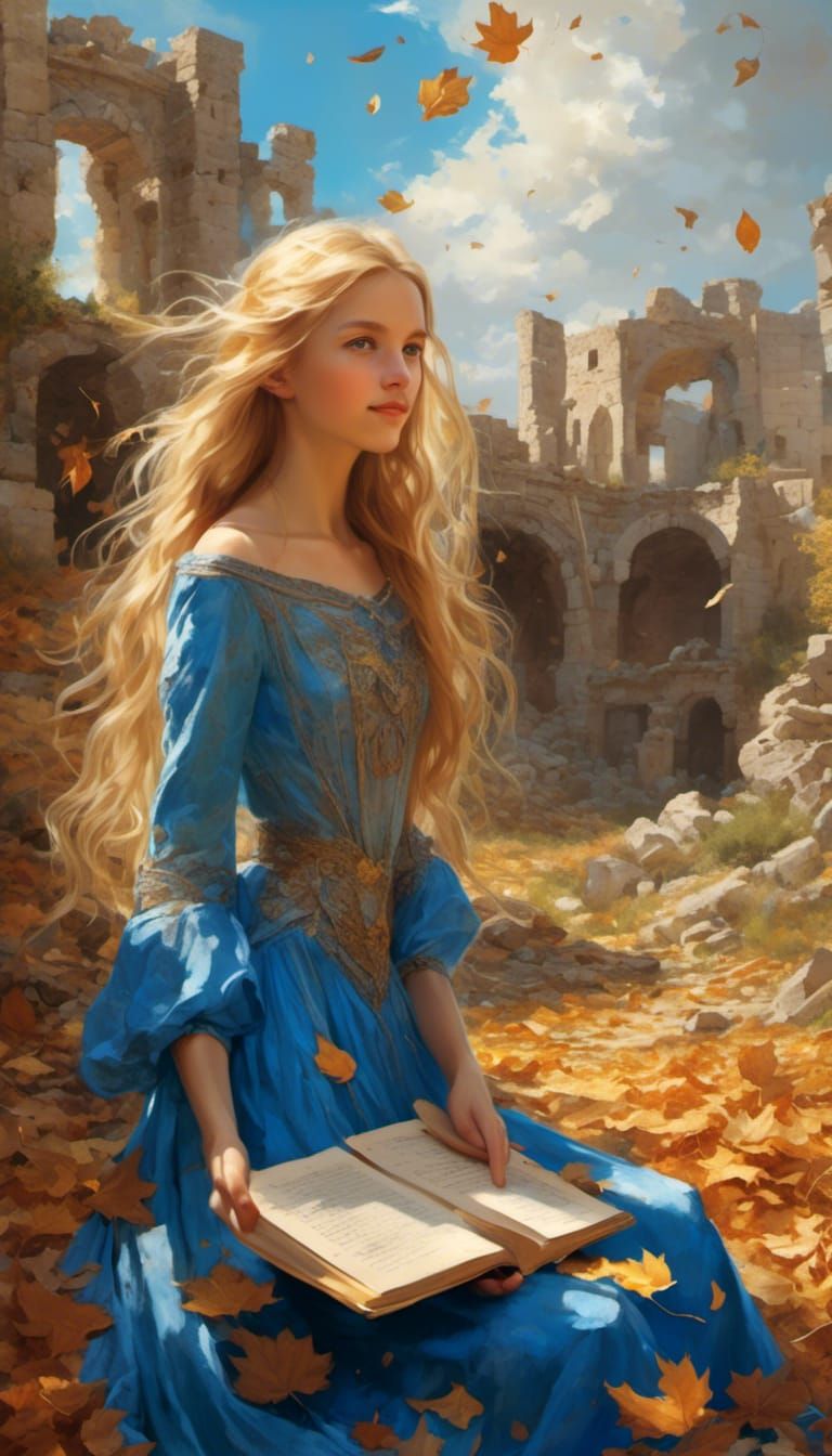 Girl in Blue Dress at Ancient Castle Ruins