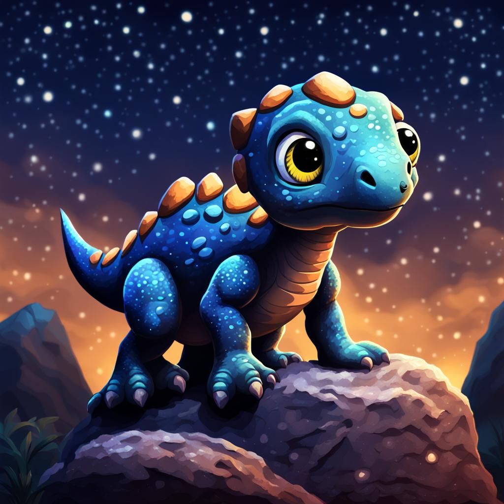Adorable Pebble-Sized Baby T-Rex Gazing at Night Sky