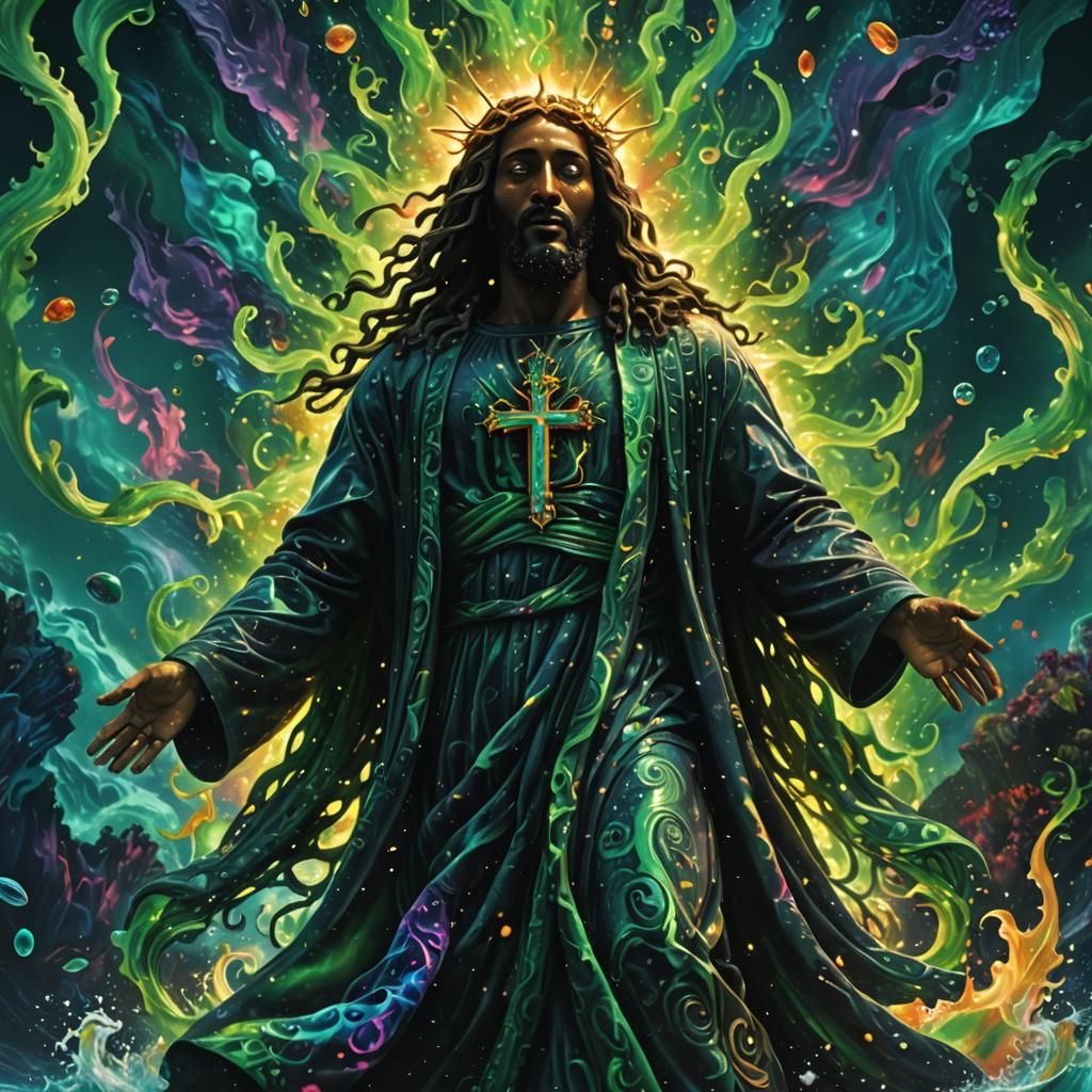 Surreal Black Christ in Psychedelic Ocean Fire