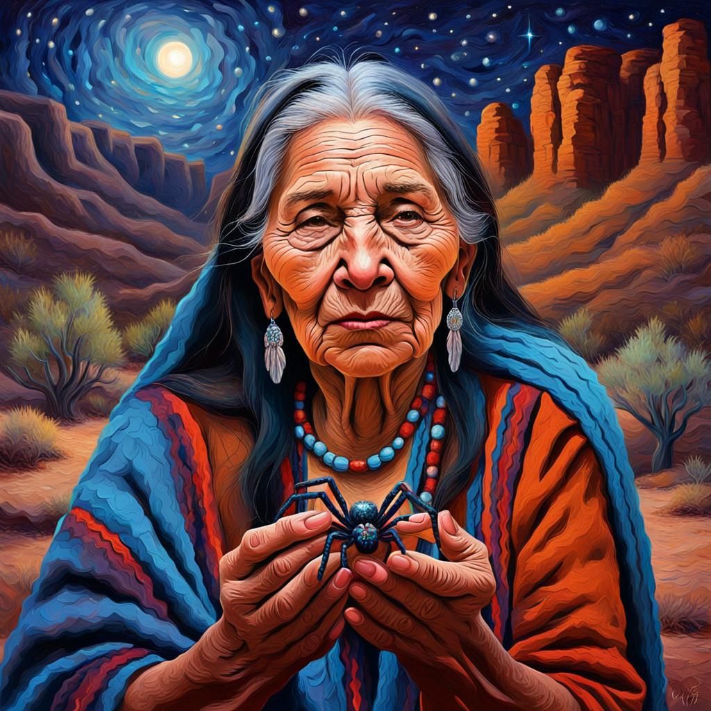 Native American Woman with Spider: Impasto Oil Painting