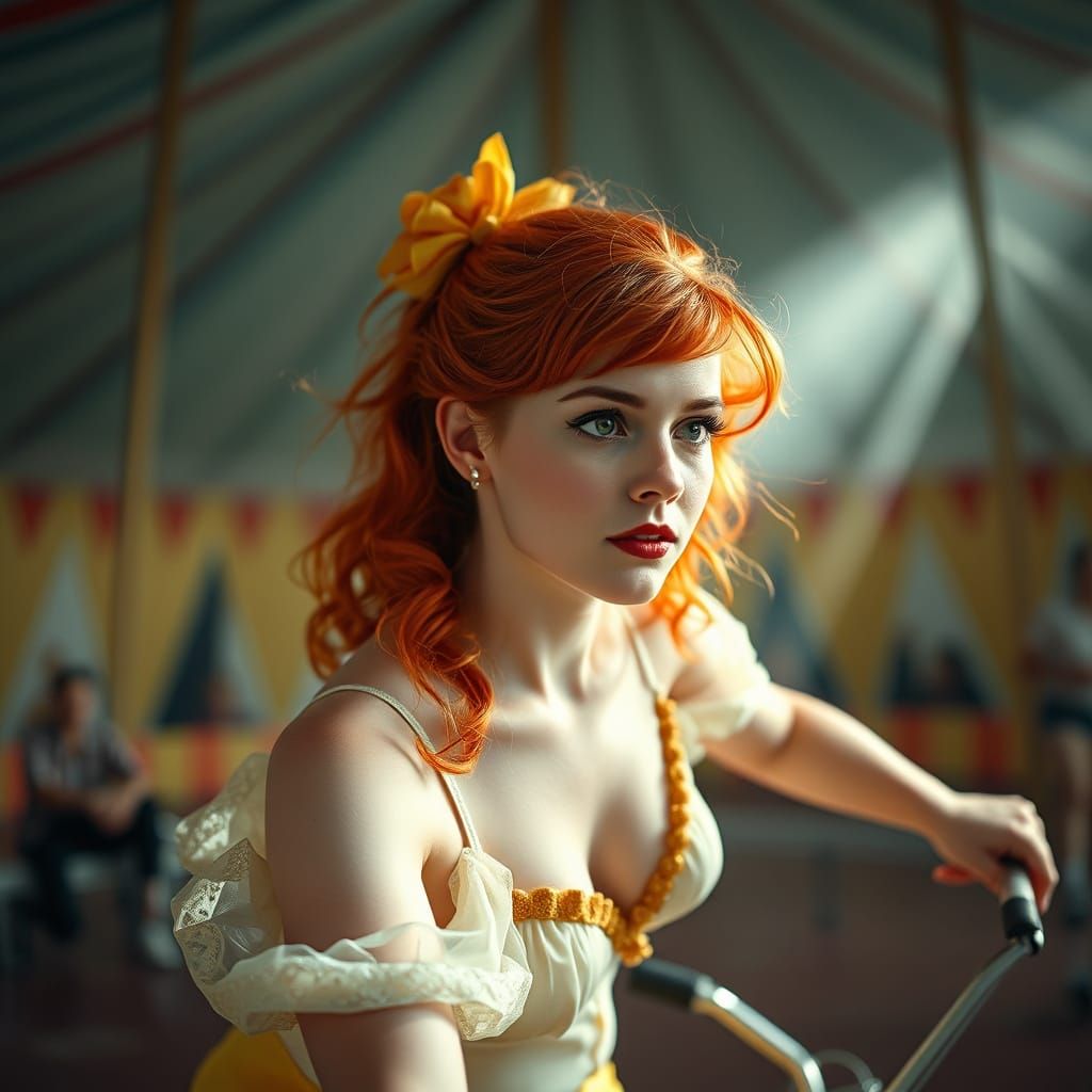 Redhead Pin-Up on Unicycle as Watercolor Painting