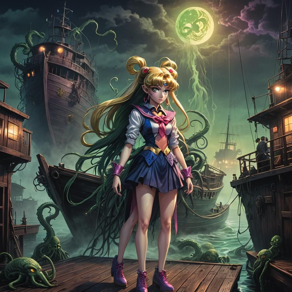 Sailor Moon in Innsmouth: A Dark Fantasy Illustration