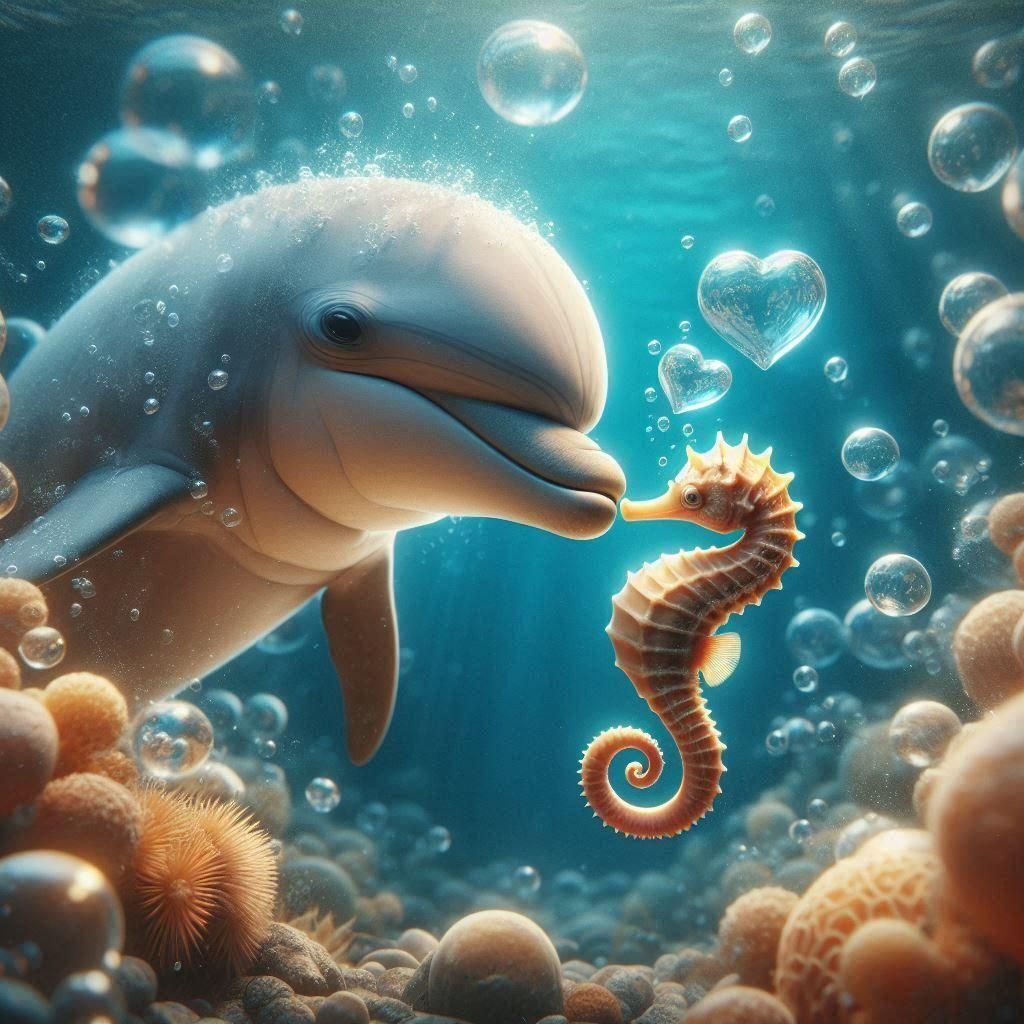 Underwater Love - dolphin and a seahorse