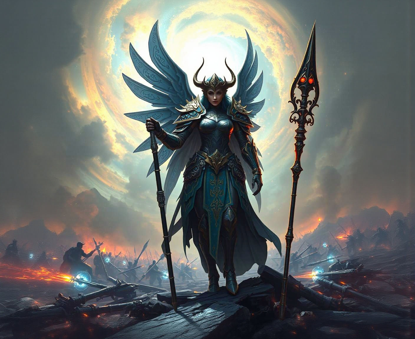 Valkyrie Warrior on Battlefield in Dark Fantasy Style