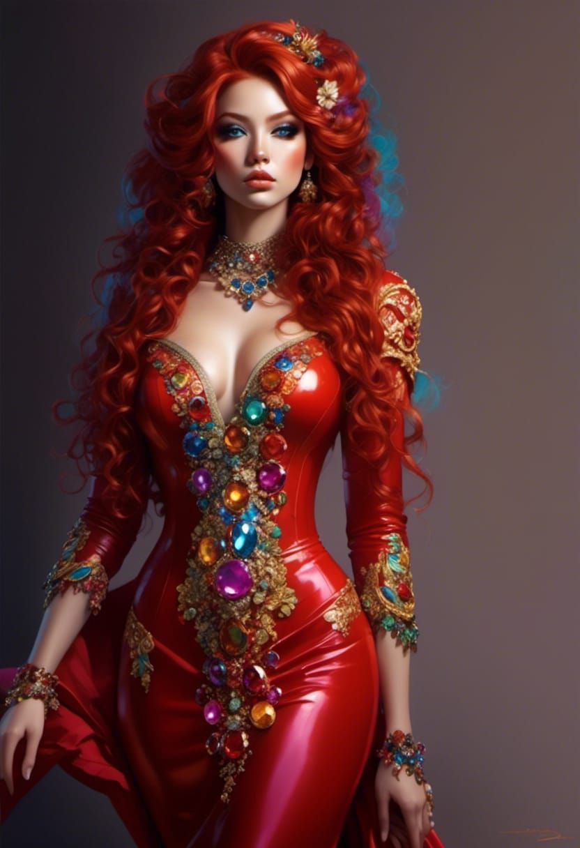 Gorgeous Red-Haired Queen with Rainbow Gems