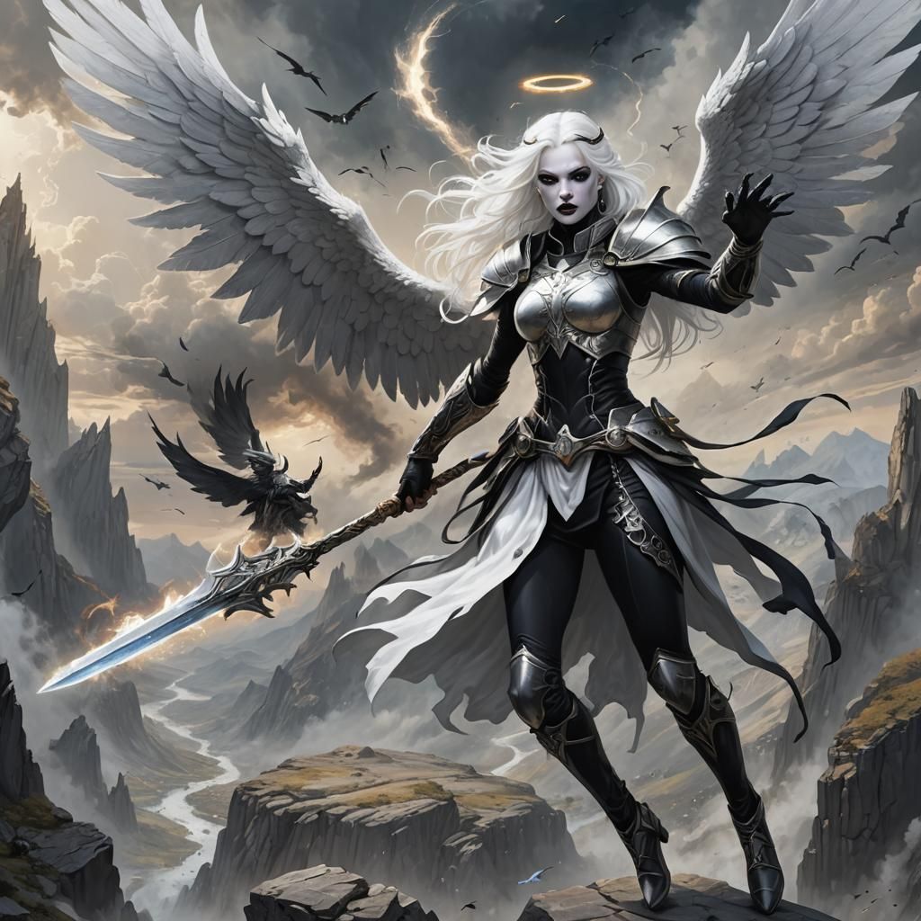 Majestic Angel Soaring Over Barren Landscape