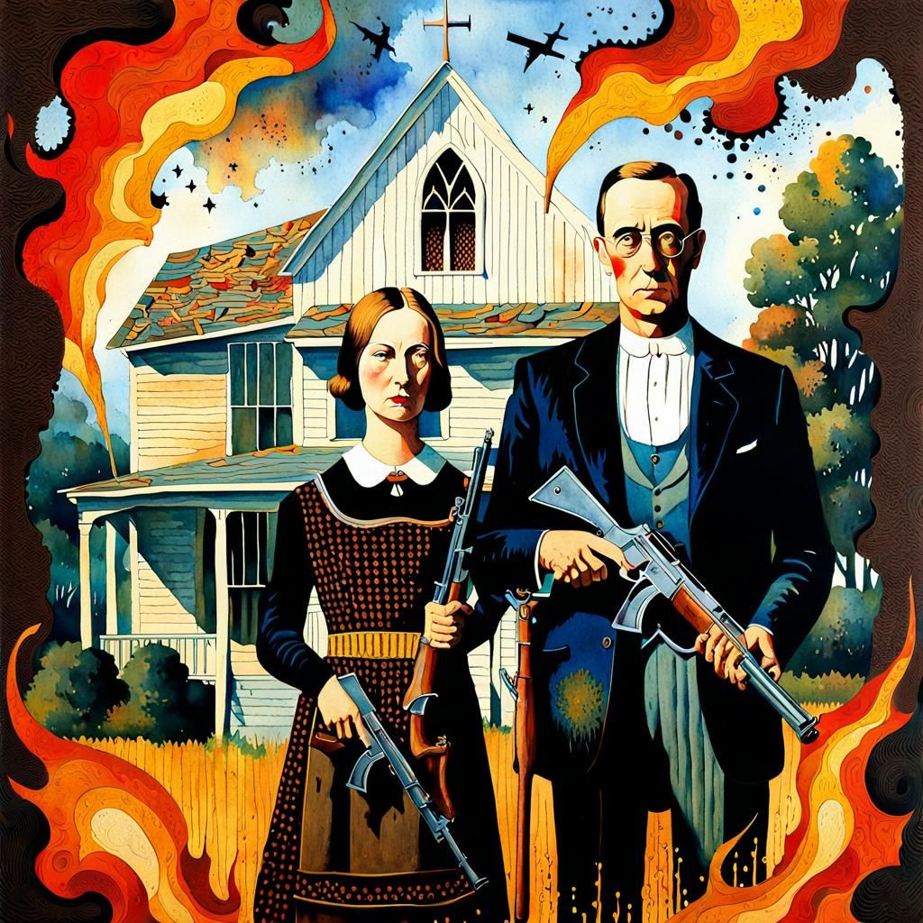Fiery American Gothic Reimagined in Watercolor