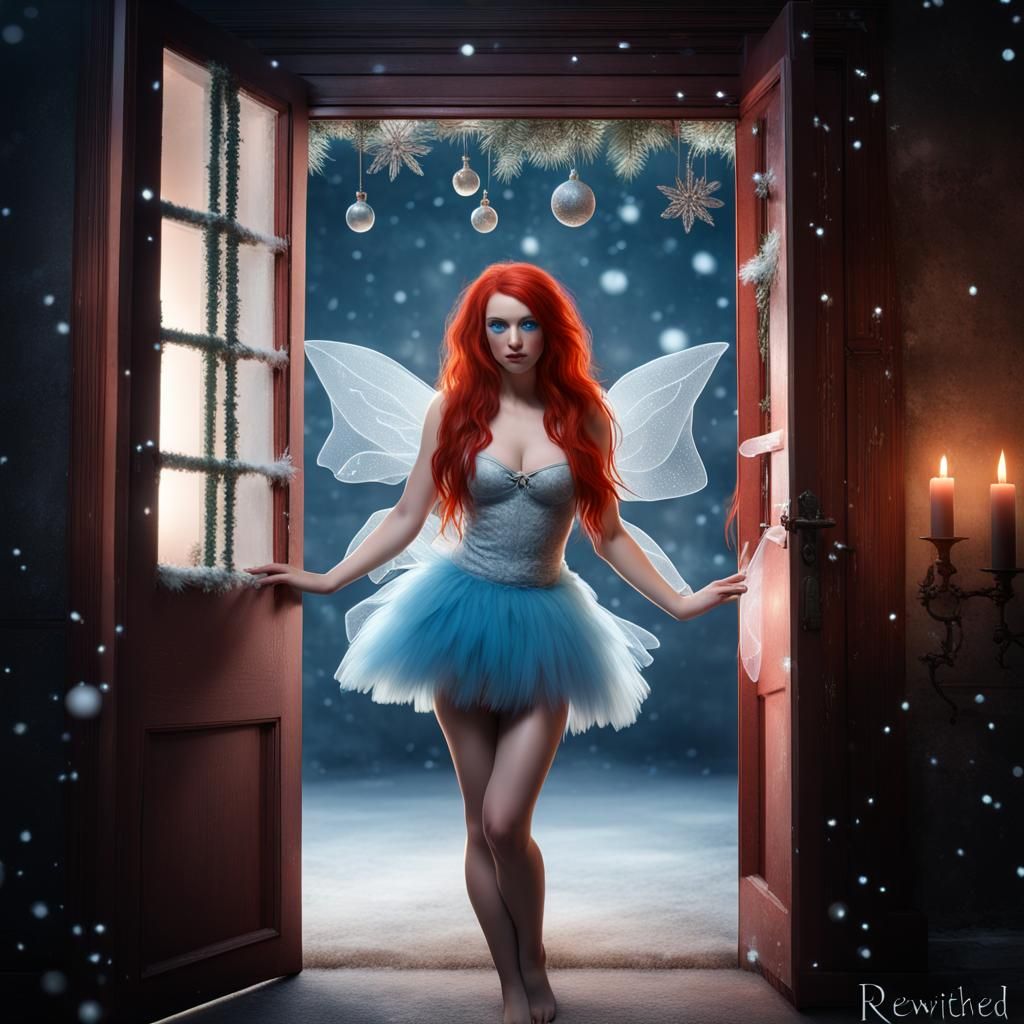 Red-Haired Christmas Fairy in Doorway, Digital Art